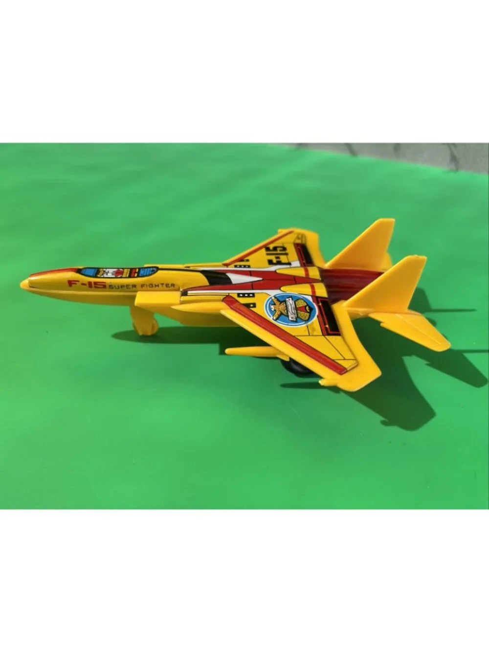 Jimmy Toys 6.8” Super Fighter F-15 Jet Plane Vintage Plastic Tin Toy Yellow